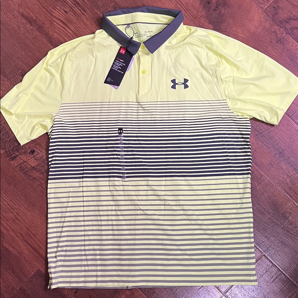 Under Armour Men's Bright Light Yellow and Gray Striped Polo